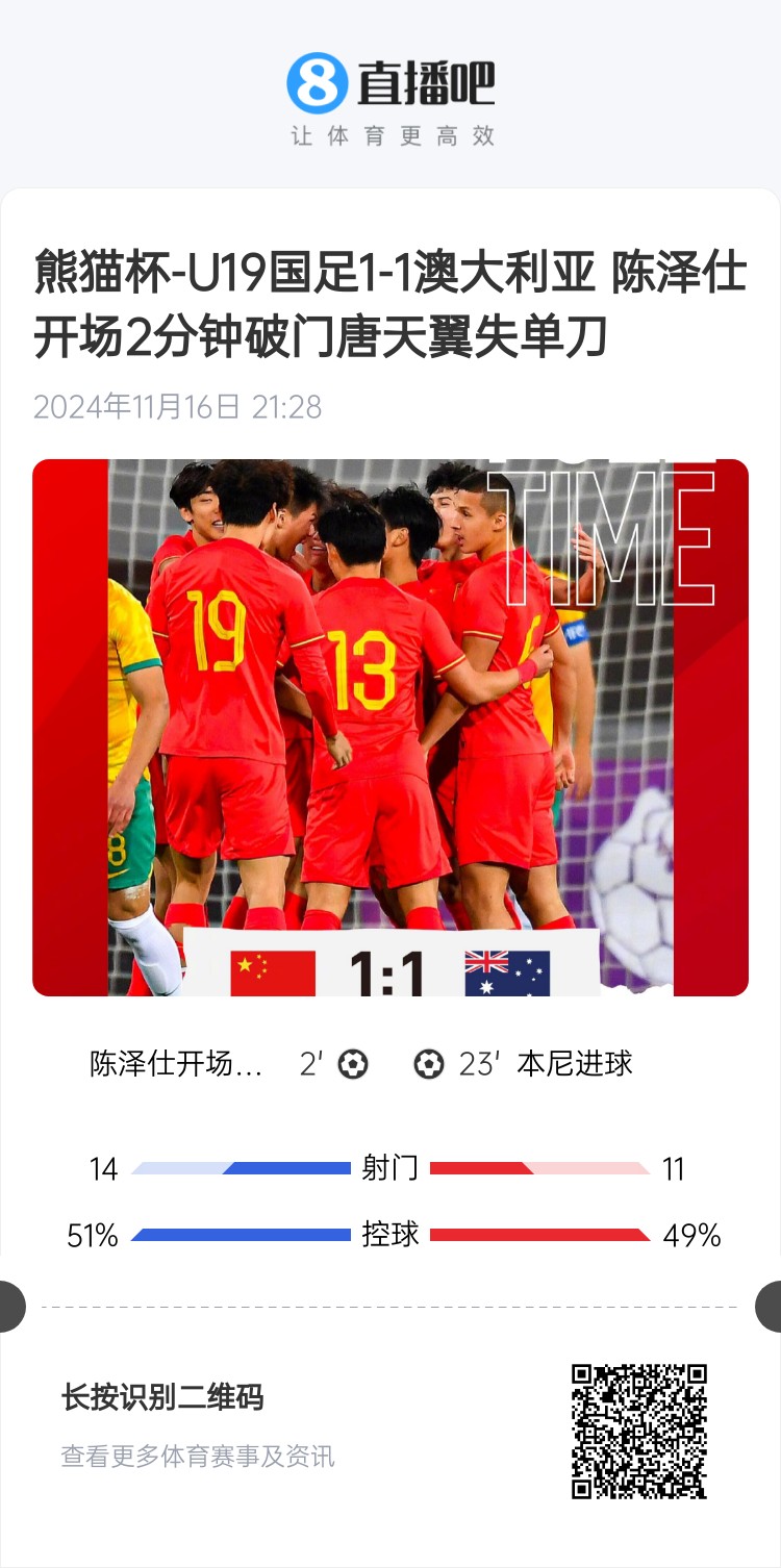  二番戰(zhàn)！U20國青與澳大利亞去年熊貓杯剛有過交手，雙方1-1戰(zhàn)平