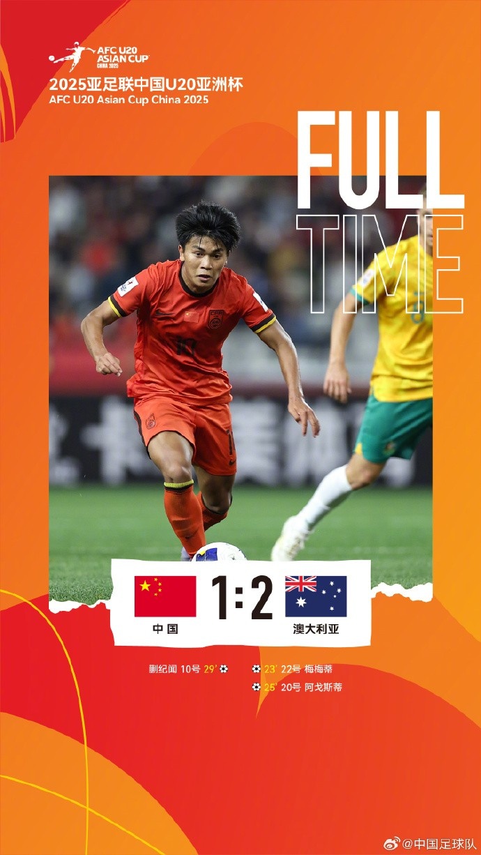  U20亞洲杯小組賽A組第三輪，中國隊(duì)1比2負(fù)于澳大利亞隊(duì)