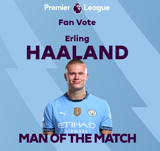 打進(jìn)致勝球！英超官方：哈蘭德當(dāng)選曼城1-0熱刺全場最佳球員
